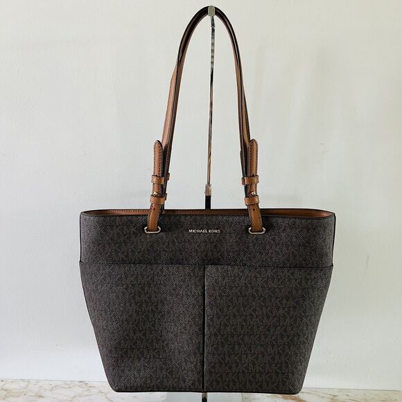 MICHAEL KORS Bedford Brown Acorn Leather Medium Top Zip Pocket Tote Bag - Picture 1 of 9